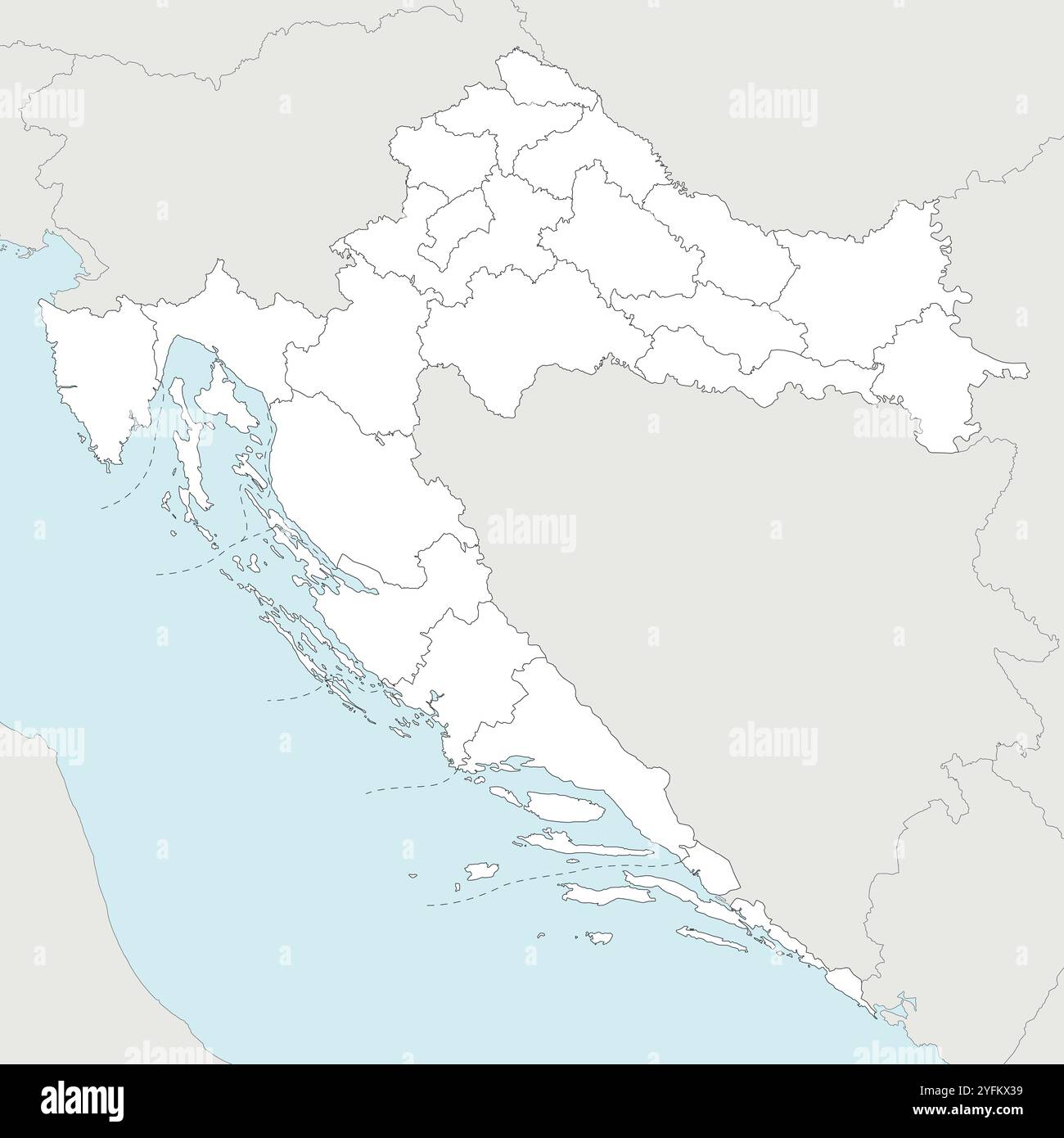 Mappa vettoriale regionale in bianco della Croazia con contee, capitale e divisioni amministrative e paesi e territori limitrofi. AN modificabile Illustrazione Vettoriale