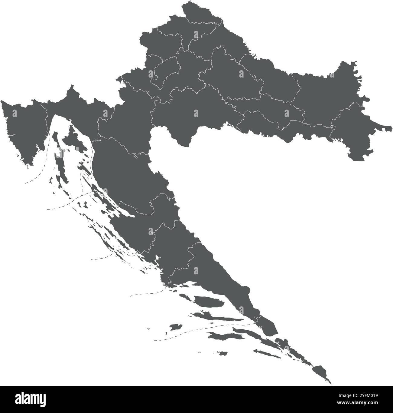 Mappa vettoriale regionale vuota della Croazia con contee, capitale e divisioni amministrative. Livelli modificabili ed etichettati in modo chiaro. Illustrazione Vettoriale