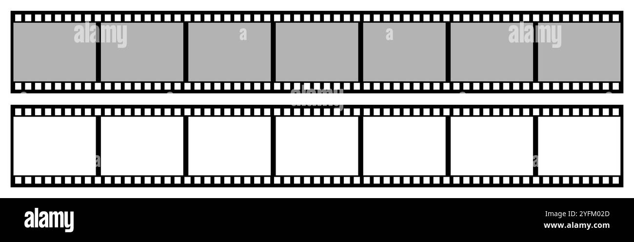 Due strisce di bobine di film vintage, una con cornici grigie e l'altra con cornici bianche vuote che rappresentano il potenziale creativo. Illustrazione Vettoriale
