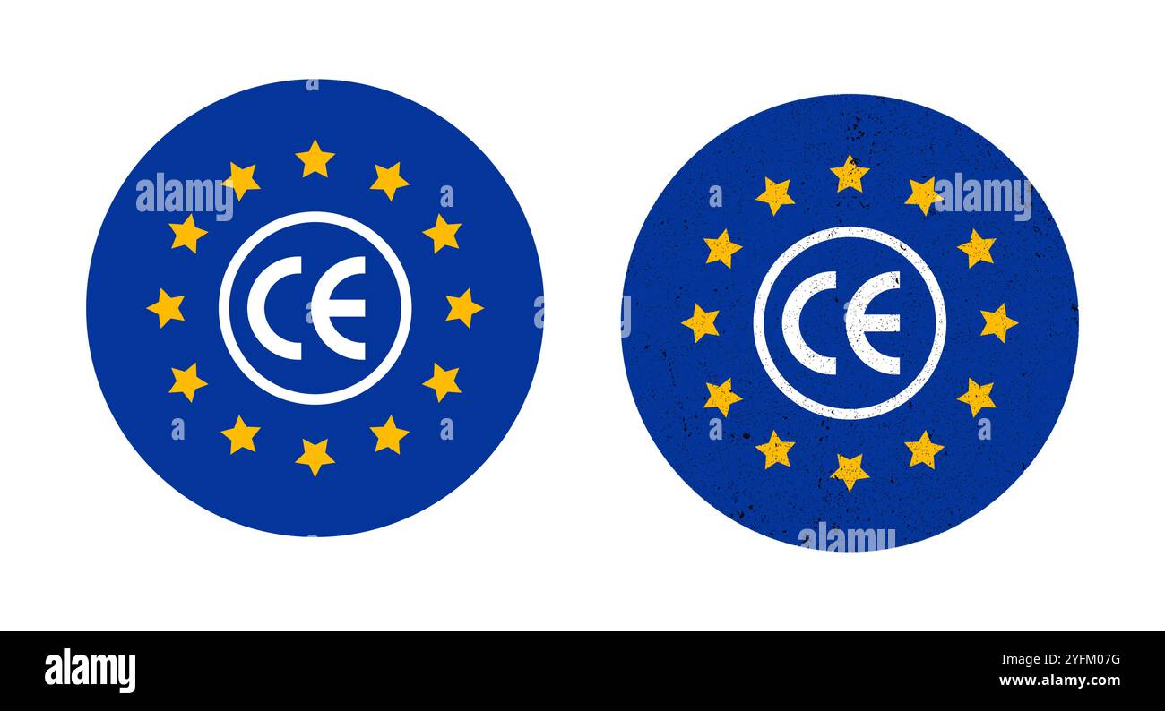 Logo di conformità del marchio CE con set vettoriale EU Stars. Illustrazione Vettoriale