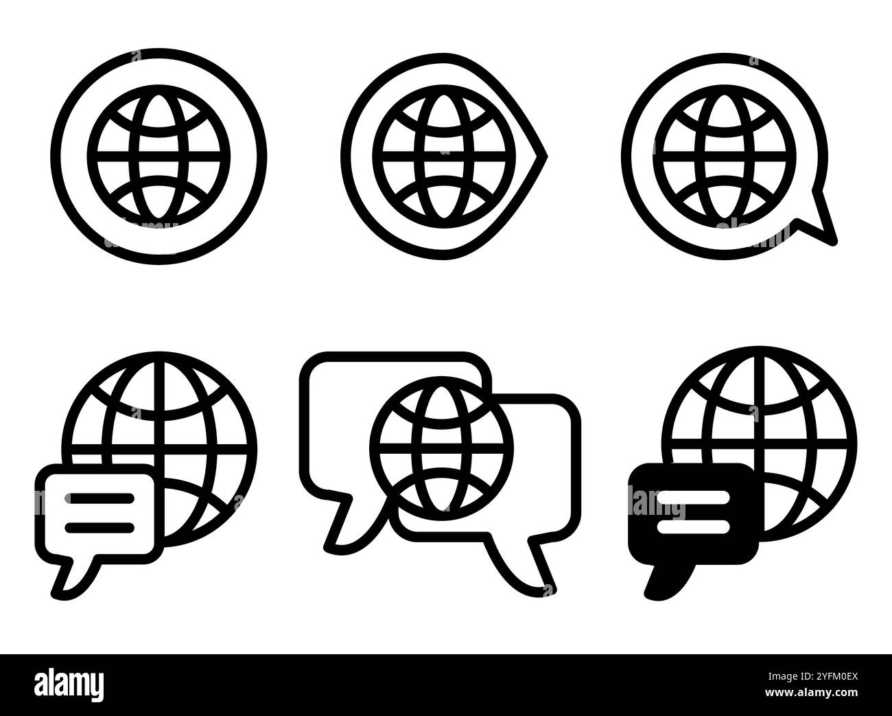 Icona di traduzione in lingua simbolo della linea del globo. Icona globo terrestre nel riquadro della citazione. Illustrazione Vettoriale