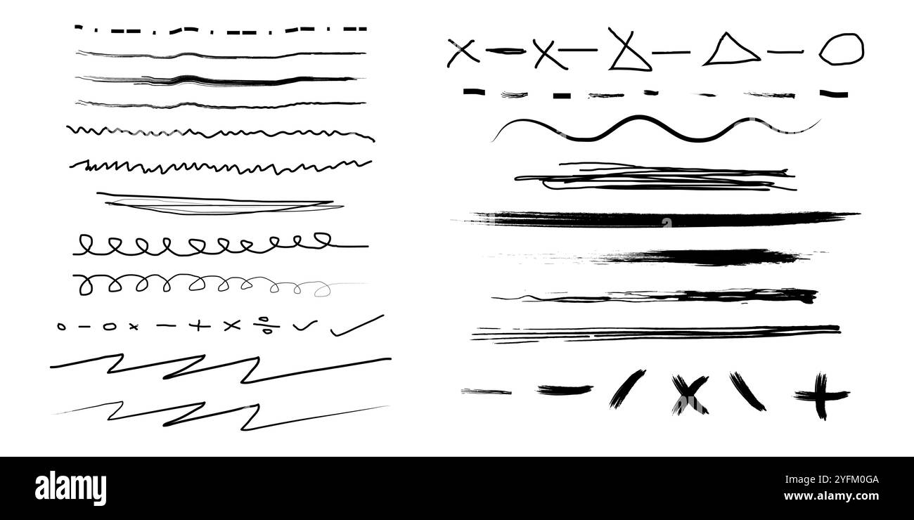 Collezione di scarabocchi disegnati a mano a inchiostro nero sottolineano scarabocchi e forme geometriche su sfondo bianco. Illustrazione Vettoriale