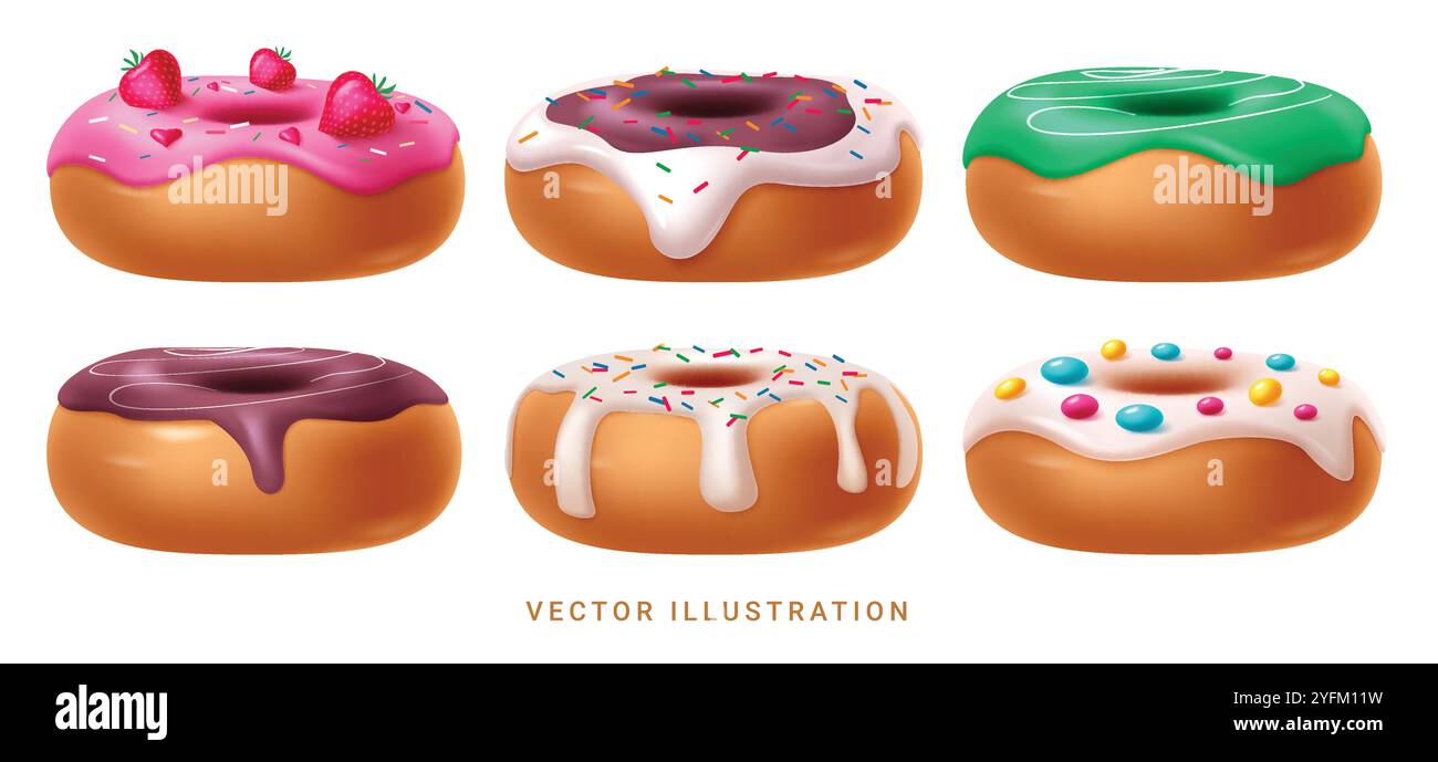 Design del set vettoriale di ciambelle di compleanno. Ciambelle colorate con sapori assortiti e condimenti elementi dolci per le feste su sfondo bianco. Vettore Illustrazione Vettoriale