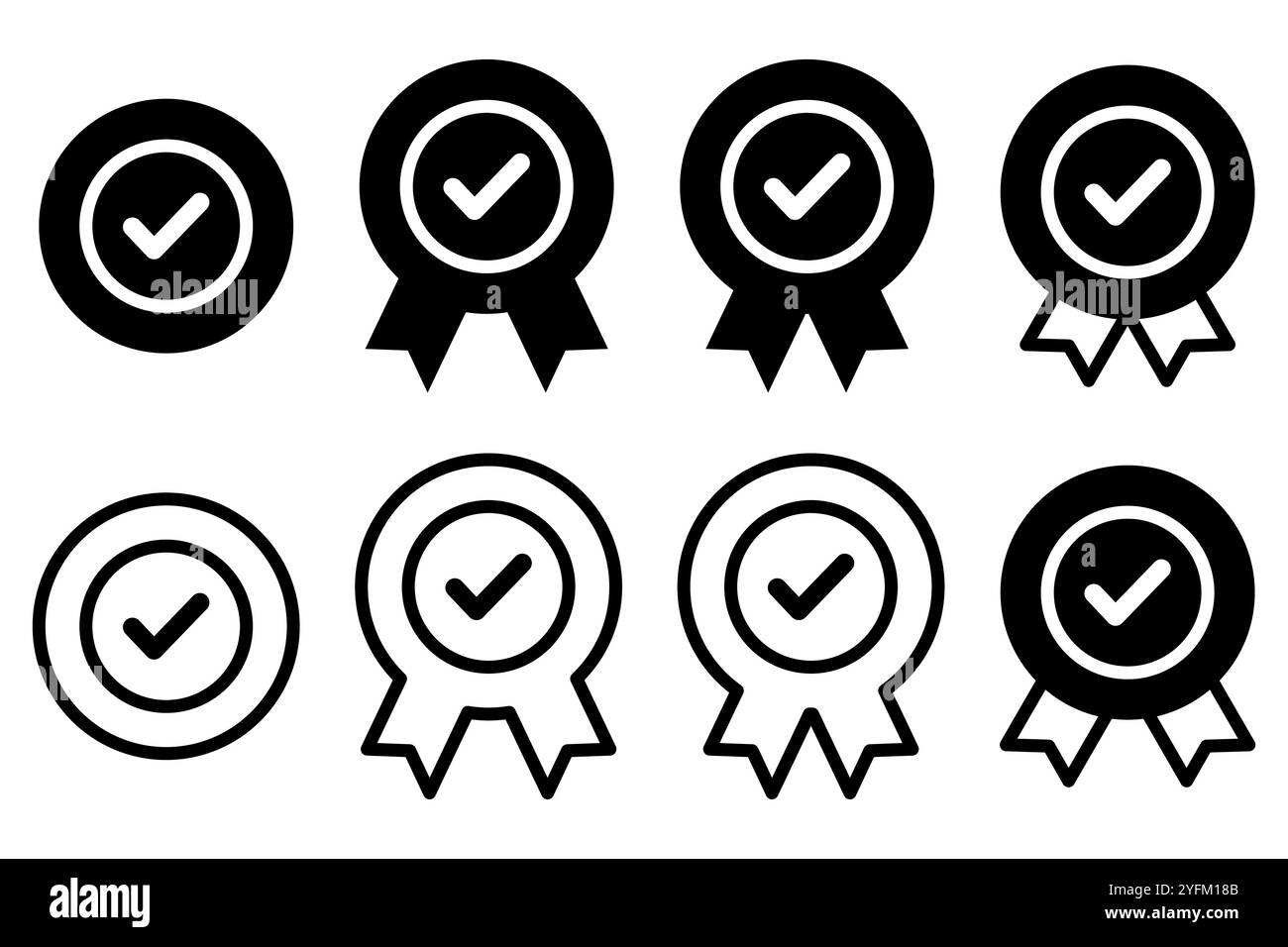 Collezione di badge e nastri con segno di spunta stilizzati che rappresentano le icone di approvazione e verifica del controllo qualità in un design pulito in bianco e nero. Illustrazione Vettoriale