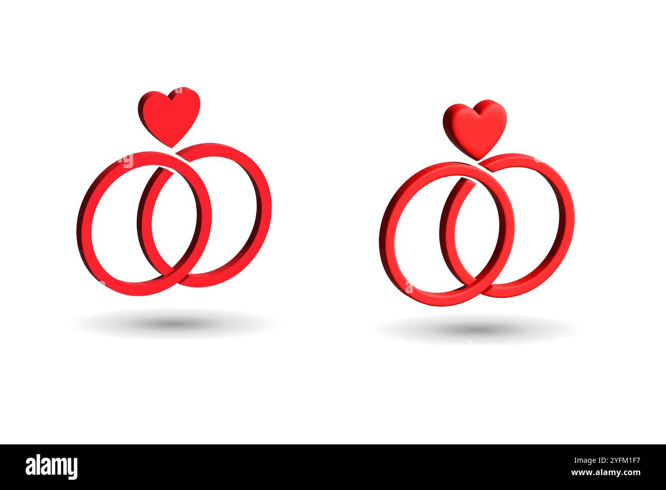 Due fedi nuziali rosse intrecciate con un piccolo cuore rosso sulla sommità che simboleggia l'impegno amoroso e il matrimonio su uno sfondo bianco con ombre sottili Illustrazione Vettoriale