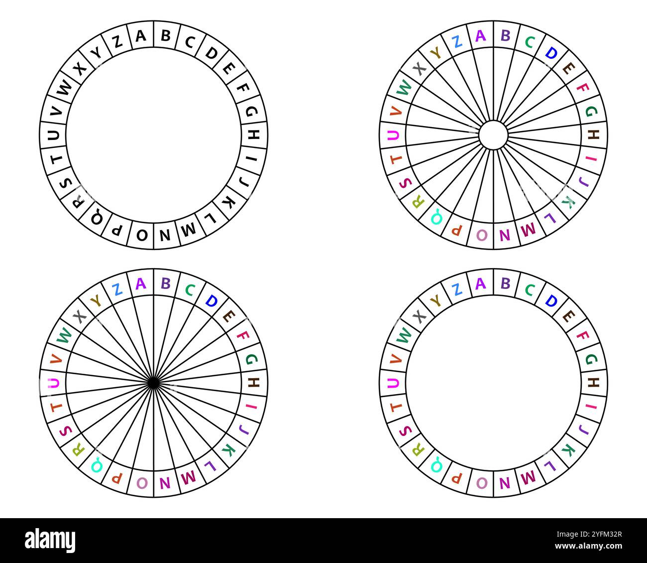 Quattro diagrammi alfabetici circolari per scopi didattici o di codifica. Illustrazione Vettoriale