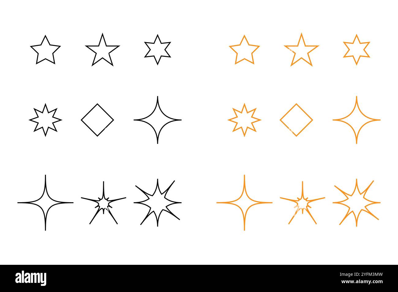 Set di icone semplici a stella e scintillio in nero e oro. Illustrazione Vettoriale