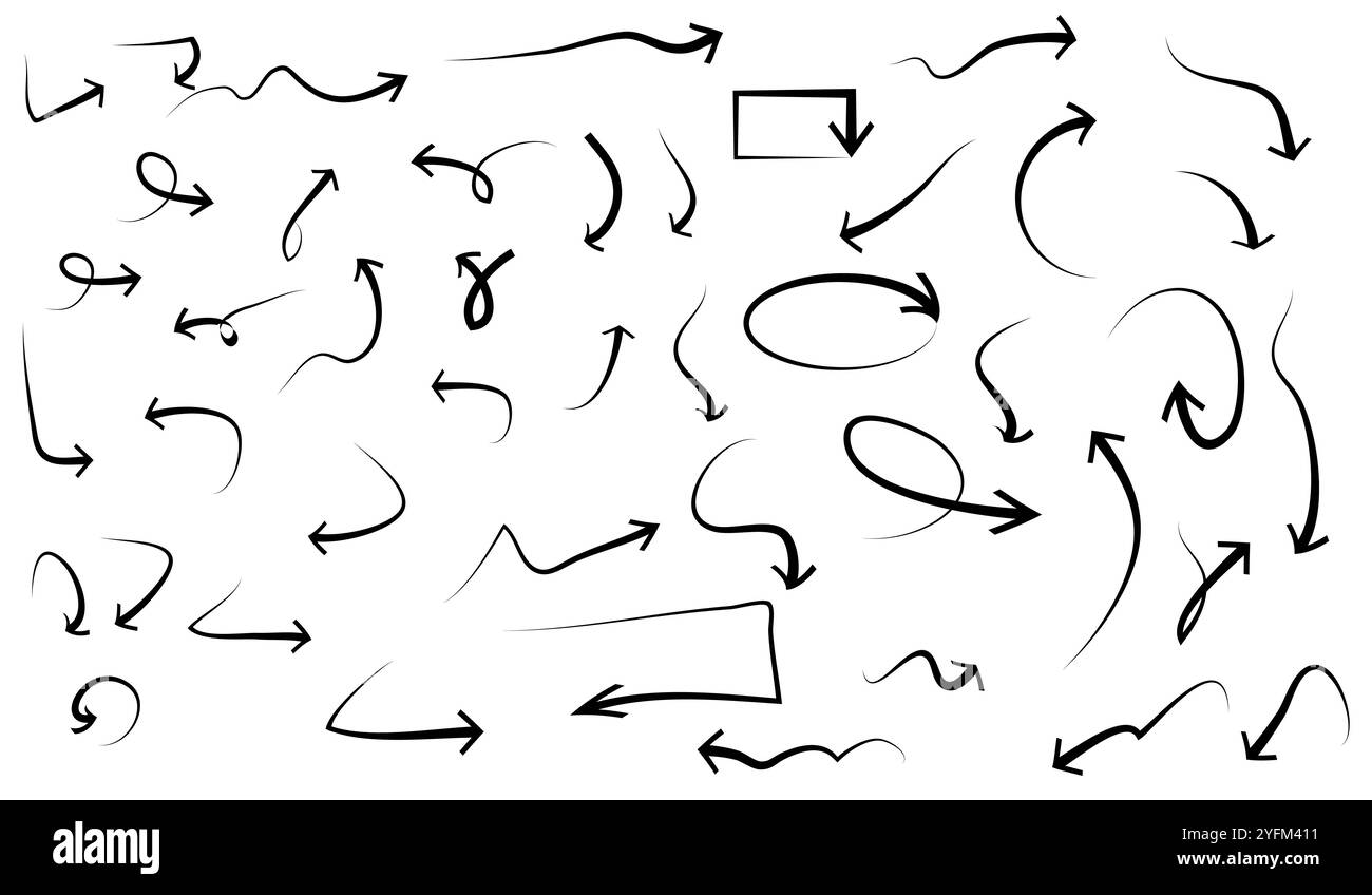 Icone a freccia disegnate a mano elementi di design a scarabocchio. Diverse icone a freccia disegnate a mano. Illustrazione Vettoriale