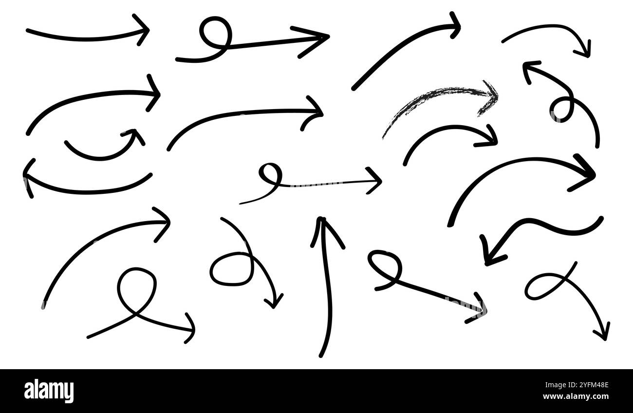 Icone a freccia disegnate a mano elementi di design a scarabocchio. Diverse icone a freccia disegnate a mano. Illustrazione Vettoriale