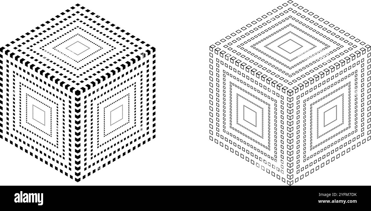 Cubo geometrico astratto con ripetizione tratteggiata complessa. Illustrazione Vettoriale