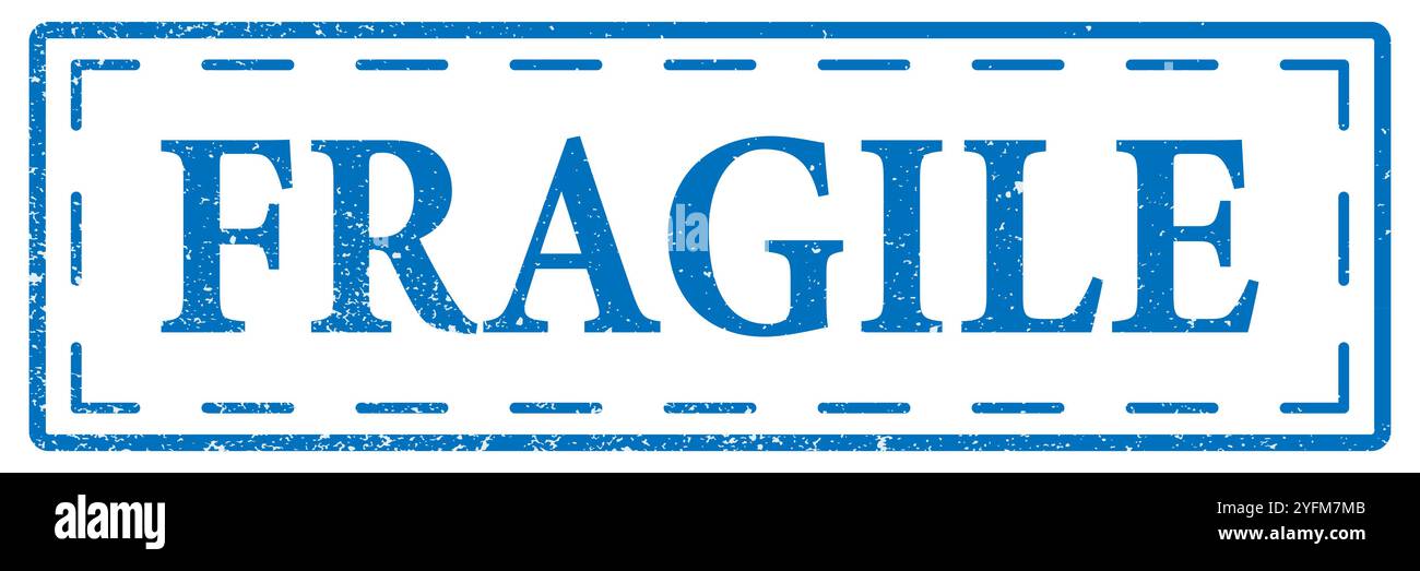 Vista ravvicinata di un francobollo blu "FRAGILE". Illustrazione Vettoriale