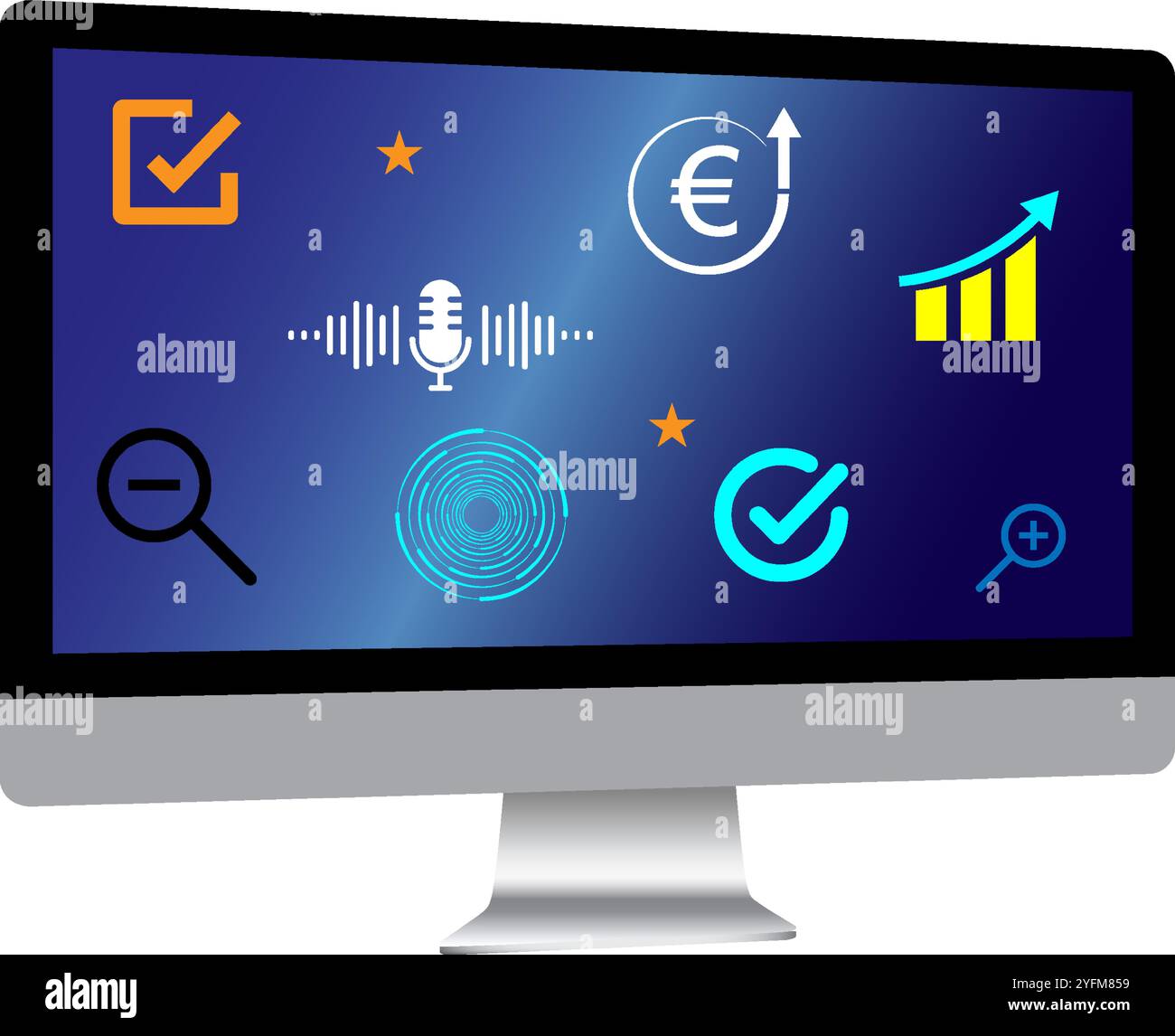 Schermo moderno per computer con icone di business per il successo e la crescita. Illustrazione Vettoriale