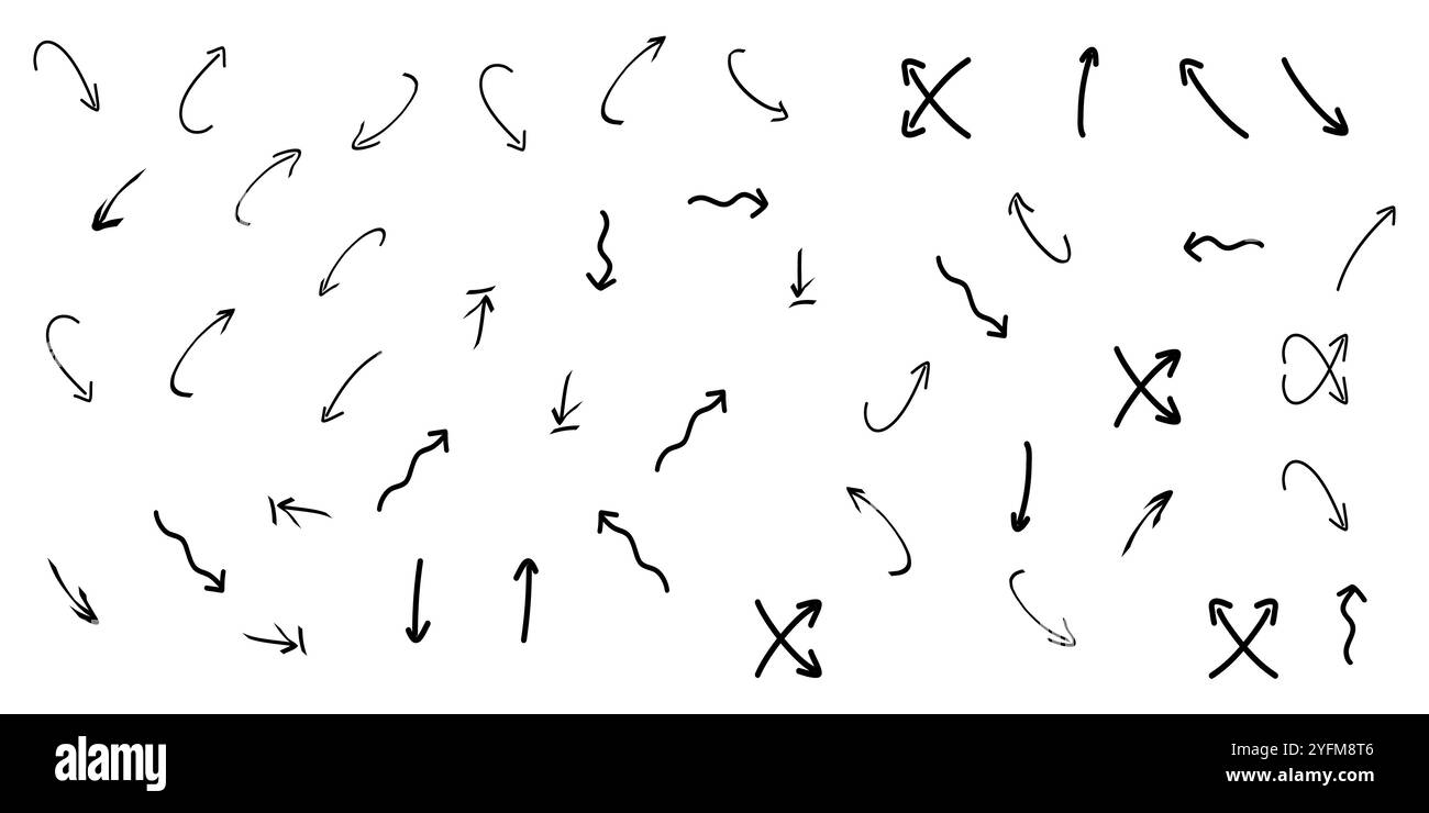 Icone a freccia disegnate a mano elementi di design a scarabocchio. Illustrazione Vettoriale