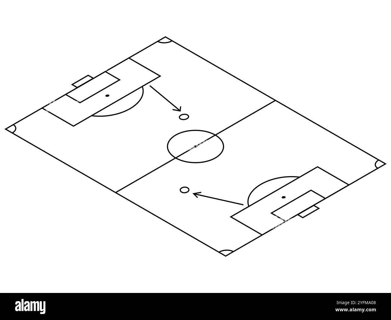Diagramma del campo di calcio che mostra le aree di rigore e il cerchio centrale. Illustrazione Vettoriale