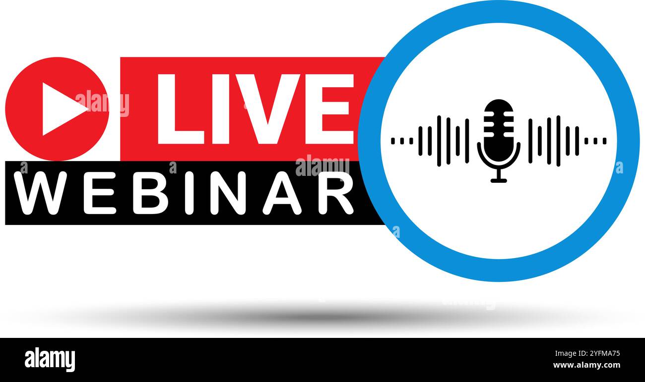 Grafica del webinar dal vivo con pulsante Play e microfono. Illustrazione Vettoriale