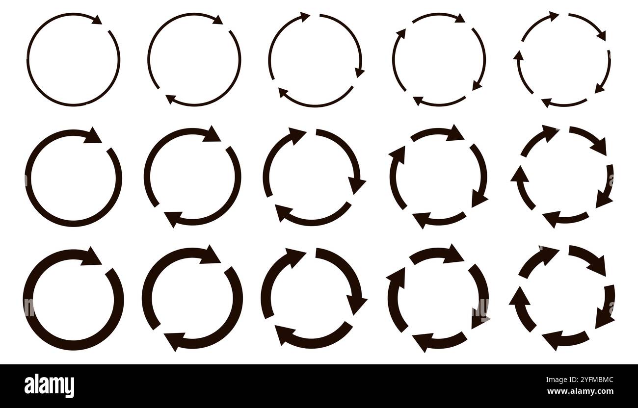 Set di frecce di riciclaggio circolari in stili diversi. Illustrazione Vettoriale