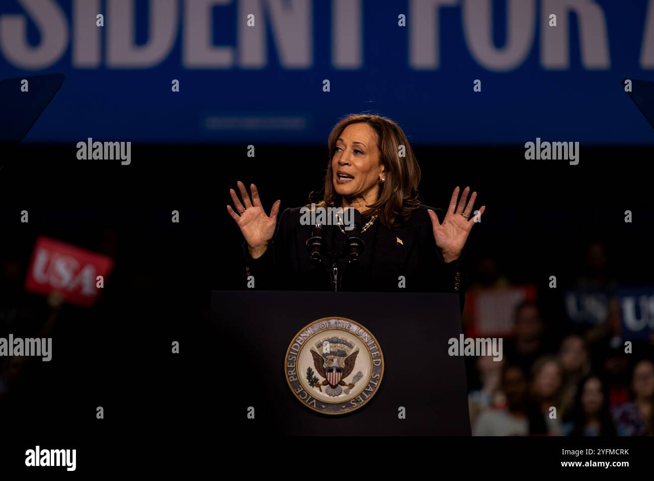 Allentown, Stati Uniti. 4 novembre 2024. ALLENTOWN, PENNSYLVANIA - 4 NOVEMBRE: La candidata presidenziale democratica, il vicepresidente degli Stati Uniti Kamala Harris, parla durante una manifestazione elettorale al Muhlenberg College il 4 novembre 2024 a Philadelphia, Pennsylvania. A un giorno dal giorno delle elezioni, il vicepresidente Kamala Harris sta facendo campagna elettorale nello stato di oscillazione con il maggior numero di voti in palio. (Foto di Michael Nigro/Sipa USA) credito: SIPA USA/Alamy Live News Foto Stock