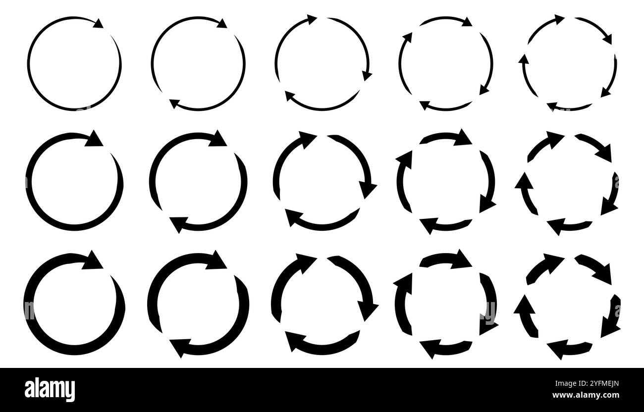 Frecce circolari diverse e di spessore diverso indicano simboli illustrazioni vettoriali. Illustrazione Vettoriale