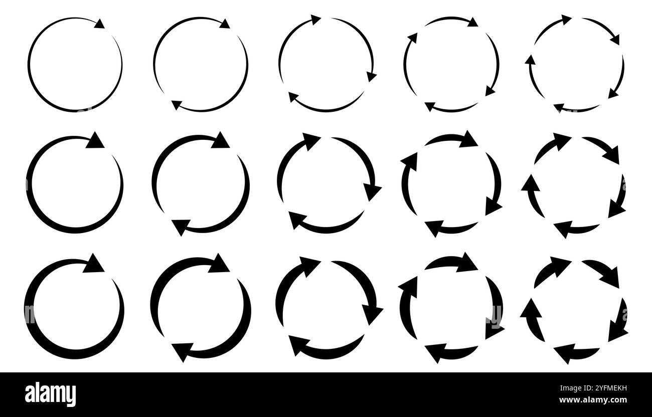 Frecce circolari diverse e di spessore diverso indicano simboli illustrazioni vettoriali. Illustrazione Vettoriale
