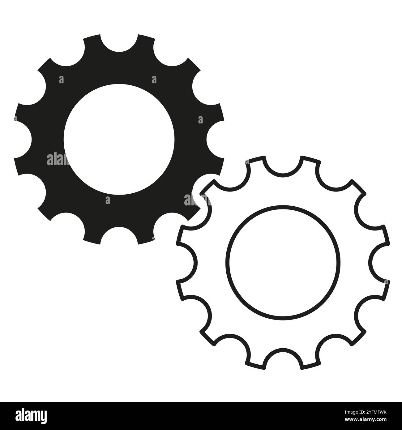 Icona ingranaggi. Ruote bianche e nere. Forma della ruota dentata. Macchine vettoriali. Illustrazione Vettoriale