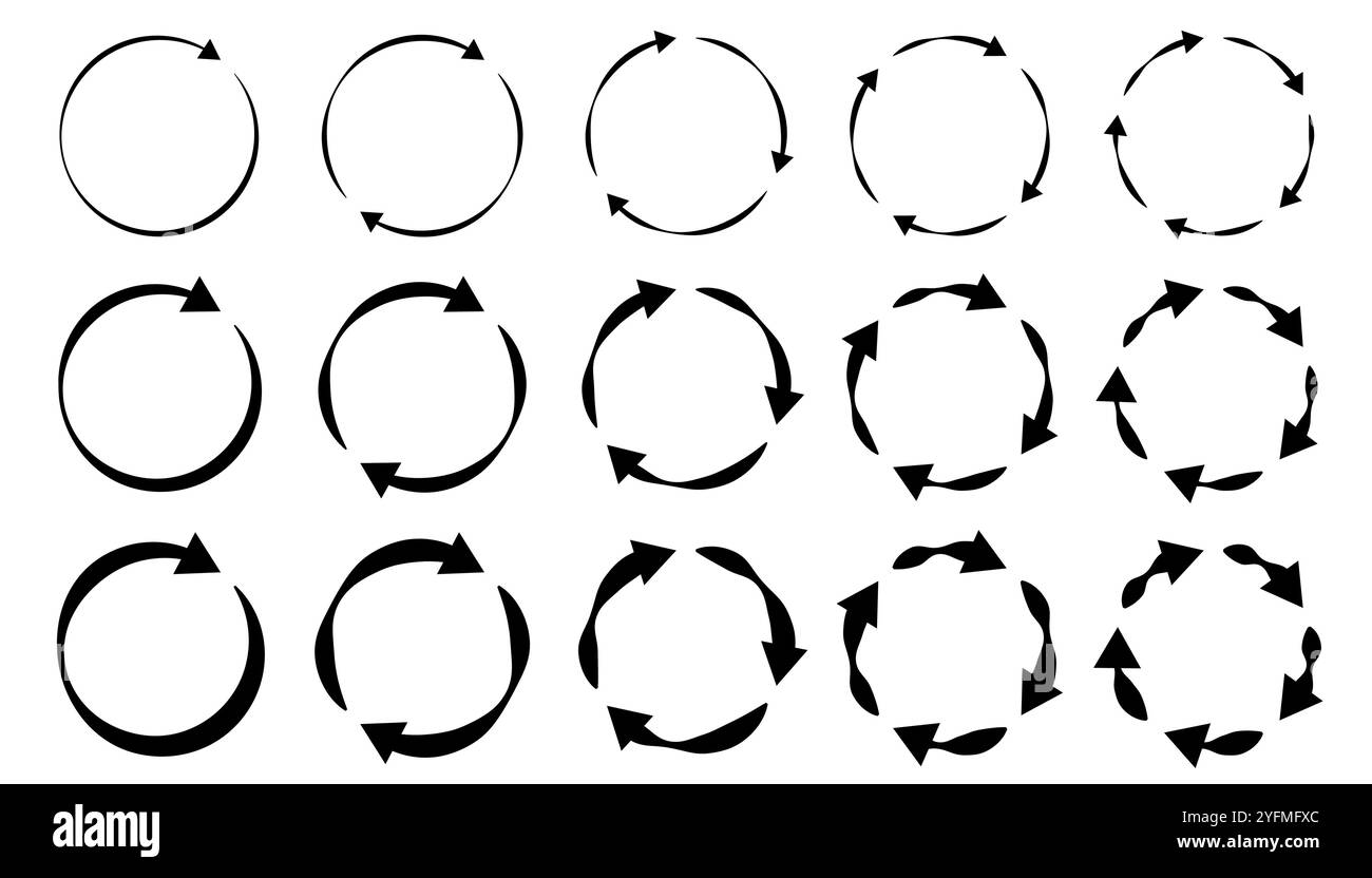 Frecce circolari diverse e di spessore diverso indicano simboli illustrazioni vettoriali. Illustrazione Vettoriale
