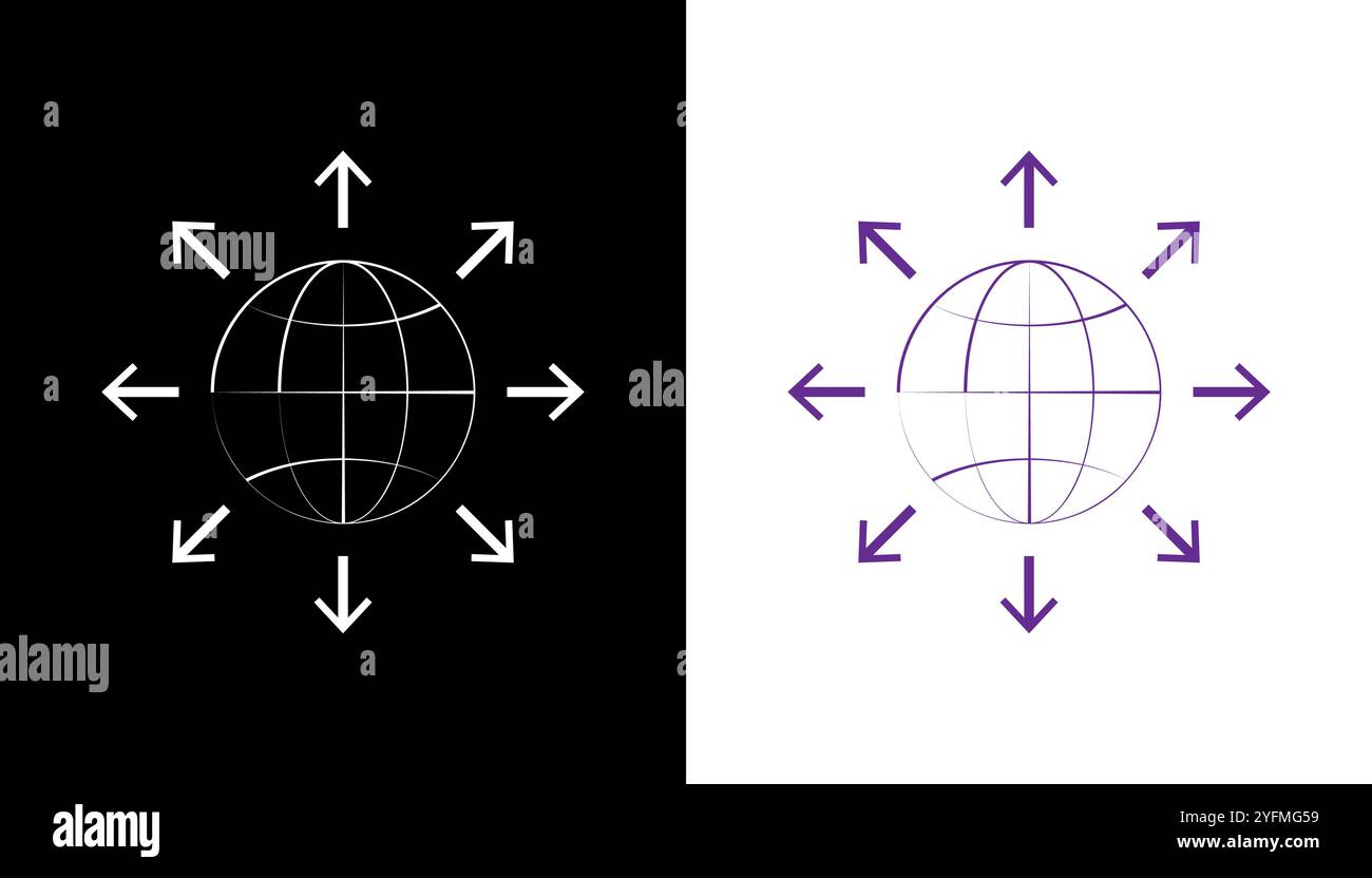 Simbolo della linea del globo di espansione mondiale con frecce. Illustrazione Vettoriale