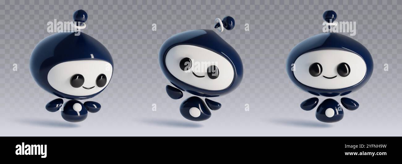 Simpatico personaggio robot con faccia sorridente. set vettoriale realistico 3d di una divertente mascotte chatbot animata in pose diverse. Agente elettronico dell'intelligenza artificiale. Assistente di supporto digitale. Illustrazione Vettoriale