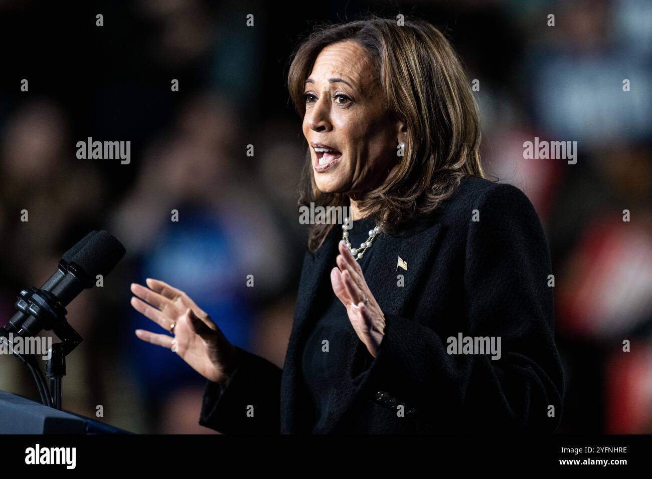 Allentown, Stati Uniti. 4 novembre 2024. La vicepresidente Kamala Harris parla ad una manifestazione nella Memorial Hall al Muhlenberg College di Allentown, Pennsylvania. Credito: SOPA Images Limited/Alamy Live News Foto Stock