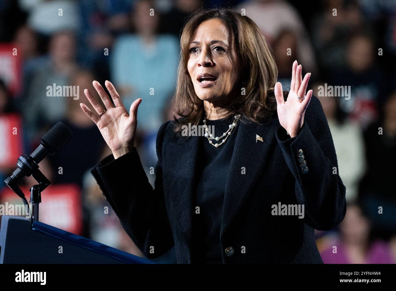 Allentown, Stati Uniti. 4 novembre 2024. La vicepresidente Kamala Harris parla ad una manifestazione nella Memorial Hall al Muhlenberg College di Allentown, Pennsylvania. Credito: SOPA Images Limited/Alamy Live News Foto Stock