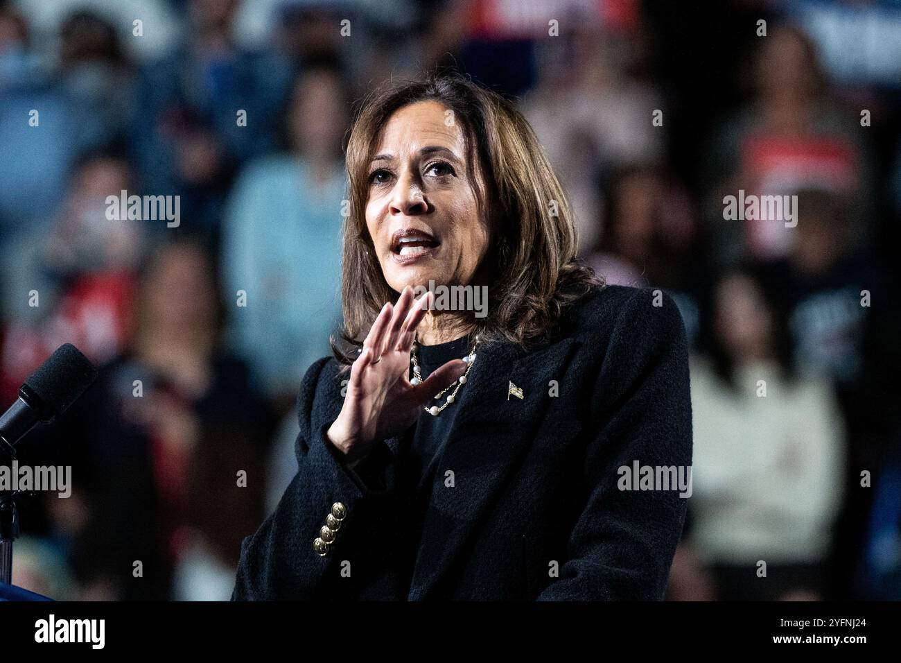 Allentown, Stati Uniti. 4 novembre 2024. La vicepresidente Kamala Harris parla ad una manifestazione nella Memorial Hall al Muhlenberg College di Allentown, Pennsylvania. Credito: SOPA Images Limited/Alamy Live News Foto Stock