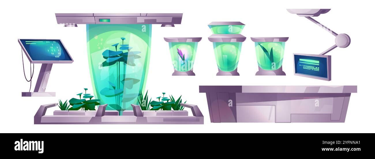 Futuristico oggetto interno da laboratorio spaziale per il gioco. Sala Fantasy all'interno della stazione di spedizione con capsula criogenica e pannello di monitoraggio per la ricerca scientifica vegetale. Design di mobili per bunker biotecnologici Illustrazione Vettoriale