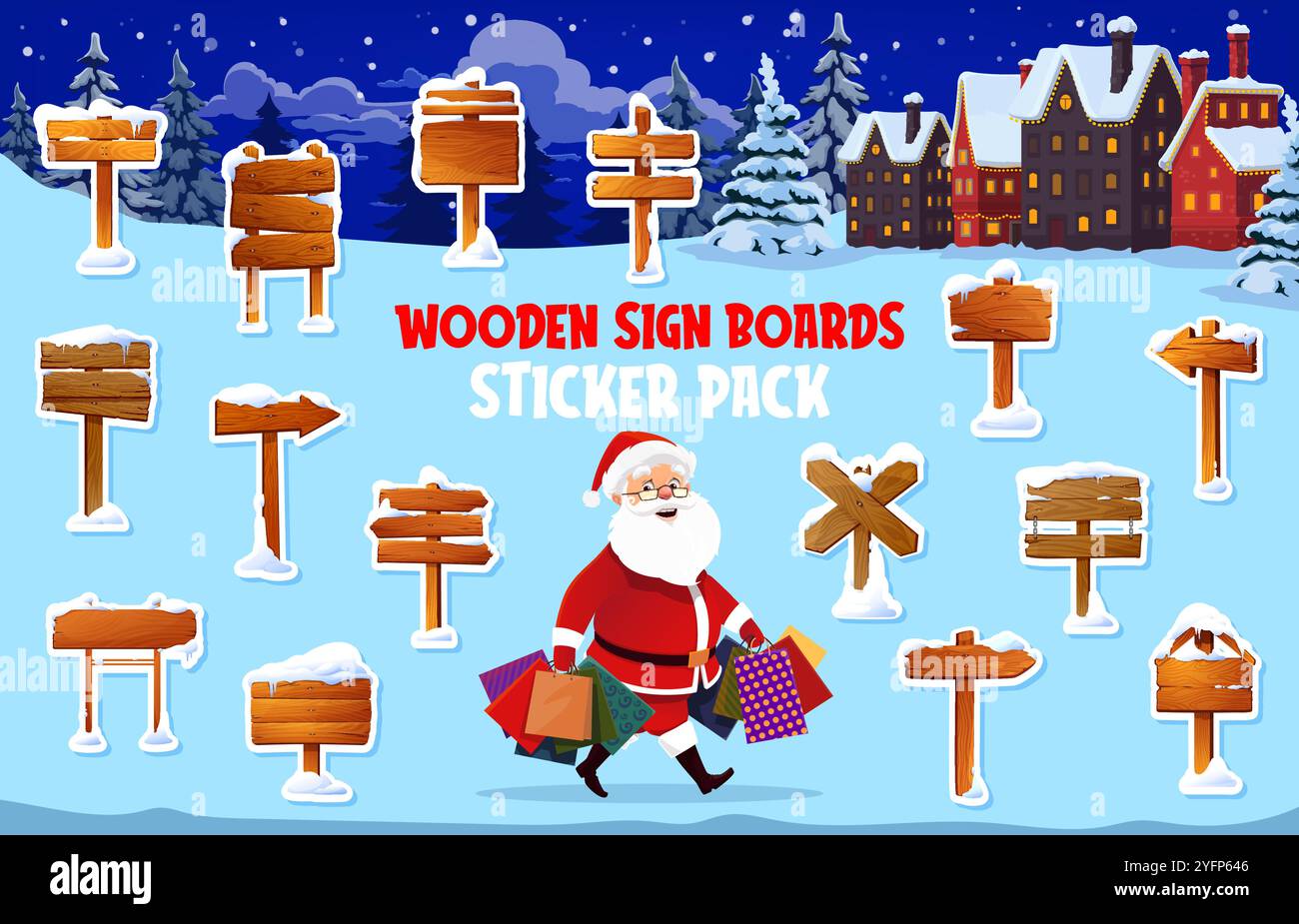 Confezione di adesivi natalizi in legno con Babbo Natale per le vacanze invernali, vettore di cartoni animati. Cartelli in legno adesivi di frecce di direzione o cartelli segnaletici su palo con neve e ghiaia Illustrazione Vettoriale