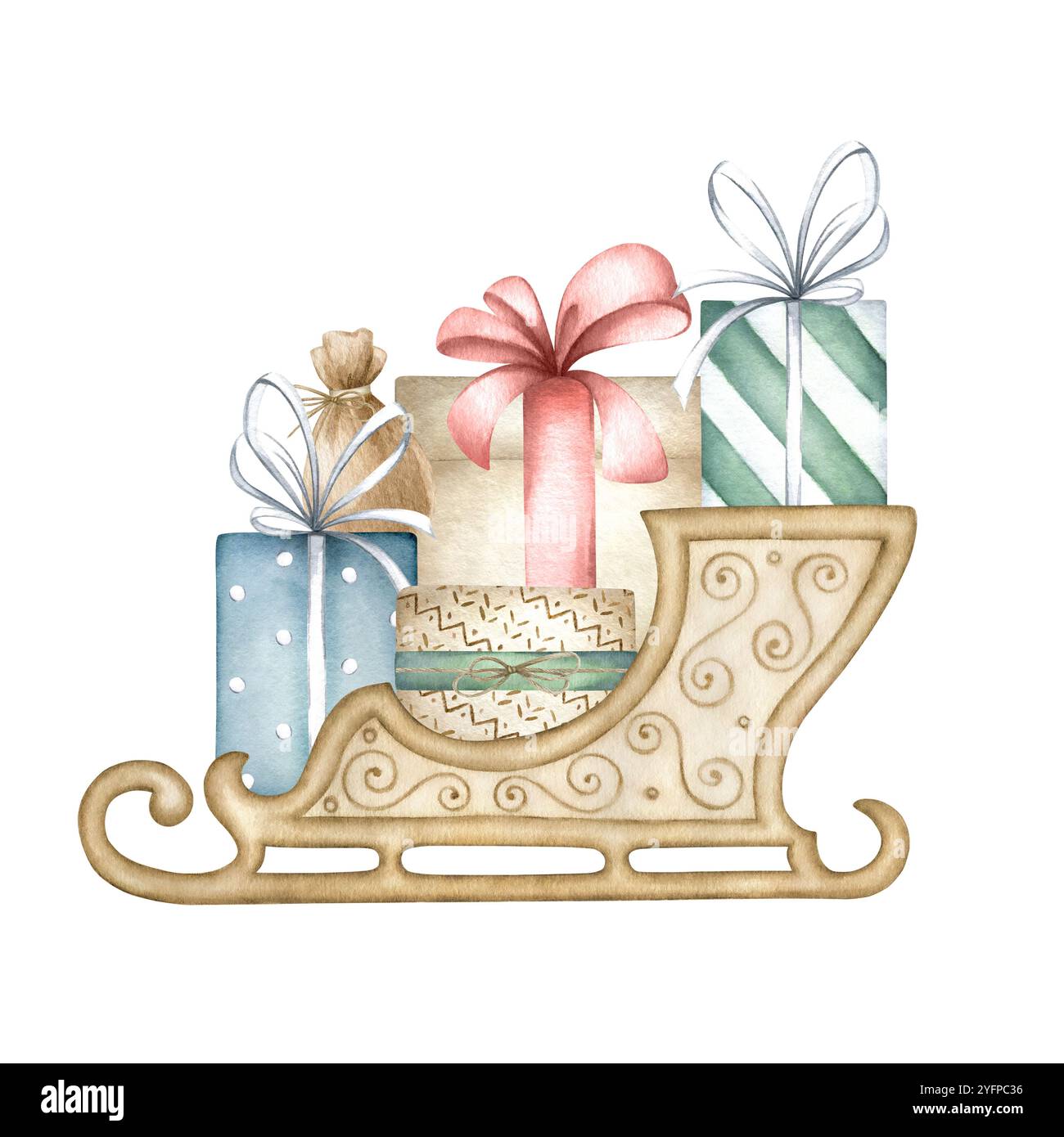 Slitta di legno natalizia con scatole regalo verdi, blu e beige legate con archi colorati. Illustrazione isolata ad acquerello disegnata a mano per biglietti d'auguri di buon anno, confezioni e design per le feste. Foto Stock