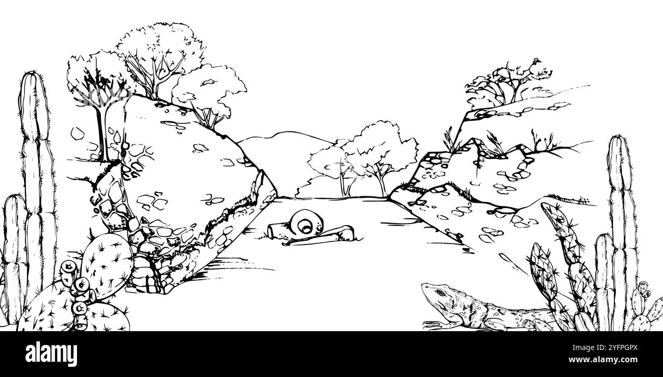 Rovine della piramide dell'antico tempio mesoamerica nella giungla, campo da gioco, sculture archeologiche, alberi di cactus. Illustrazione del vettore di inchiostro disegnato a mano, isolato Illustrazione Vettoriale