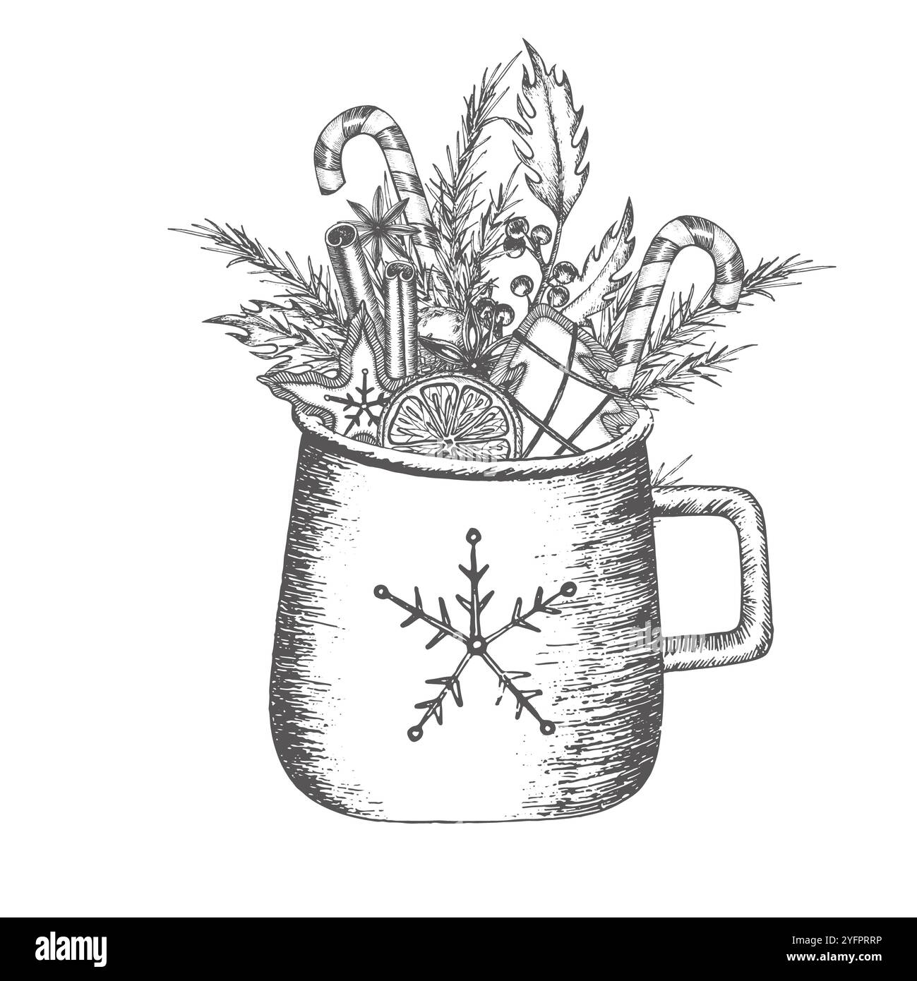 Composizione con tazza di cacao silhouette con mandarino, cannella, lecca lecca, anis, agrifoglio. Illustrazione grafica. Composizione su carta da imballaggio, piatti, Foto Stock