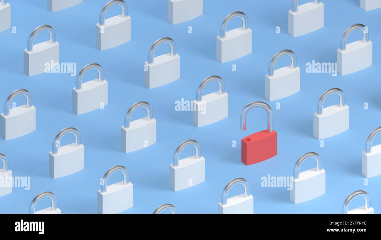 Lucchetti su sfondo blu. Uno aperto. Ortografica. illustrazione 3d. Foto Stock