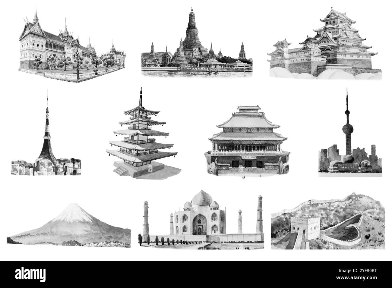 Dipinti famosi luoghi di interesse viaggiano in tutto il mondo raggruppati insieme. Acquerello dipinto a mano illustrazione in bianco e nero, punto di riferimento dell'Asia Foto Stock