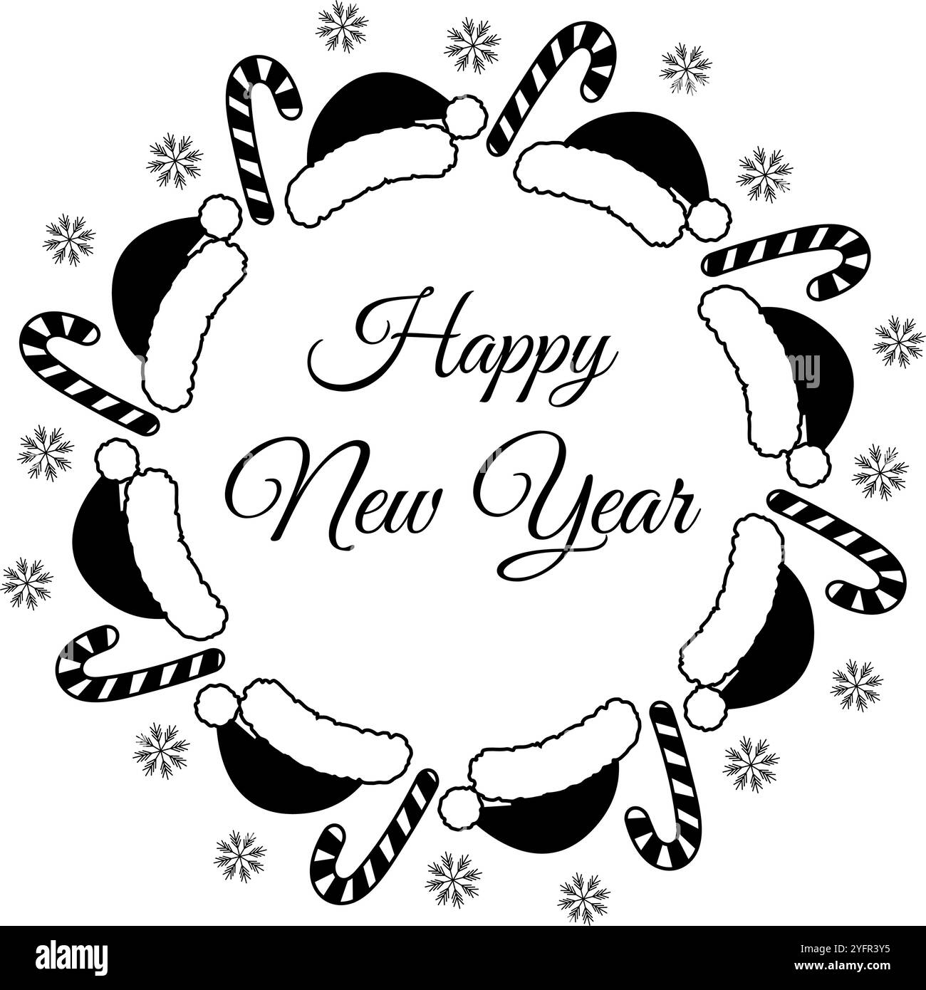 Happy New Year Lettering e berretto Babbo Natale, Candy cane a righe e fiocchi di neve festivi Round Frame Border. Biglietto d'auguri per illustrazione vettore isolato, invito, poster, volantino, opuscolo, promozione sull'etichetta o sul web Illustrazione Vettoriale