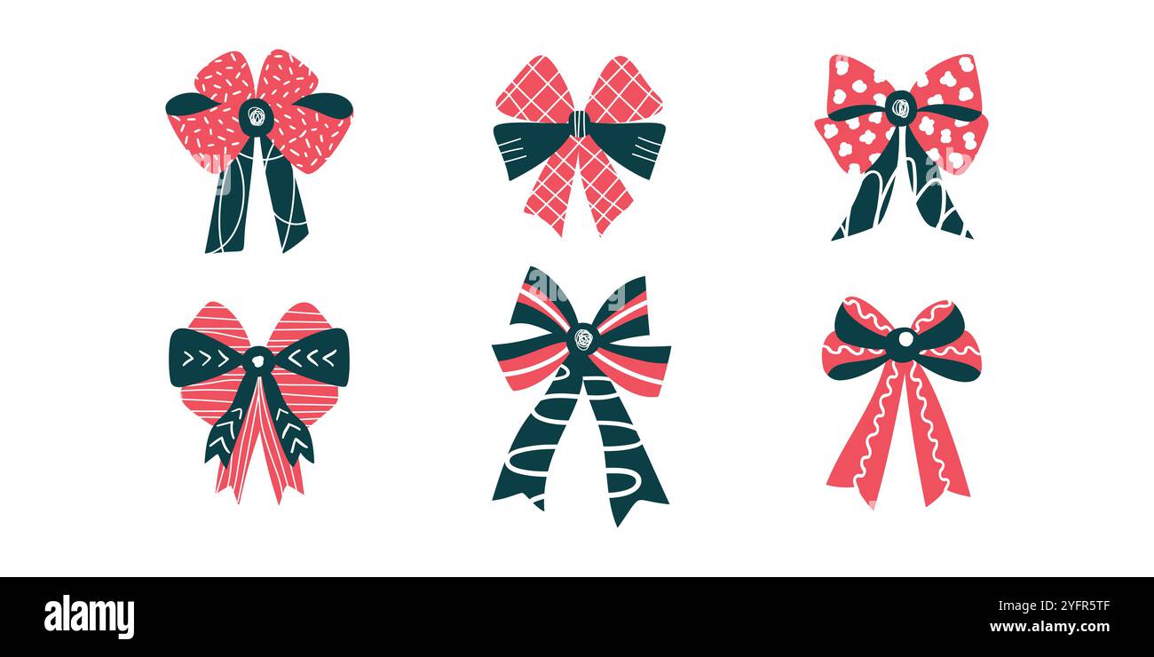 Set di fiocchi o nastri colorati e isolati in stile vettoriale piatto Illustrazione Vettoriale