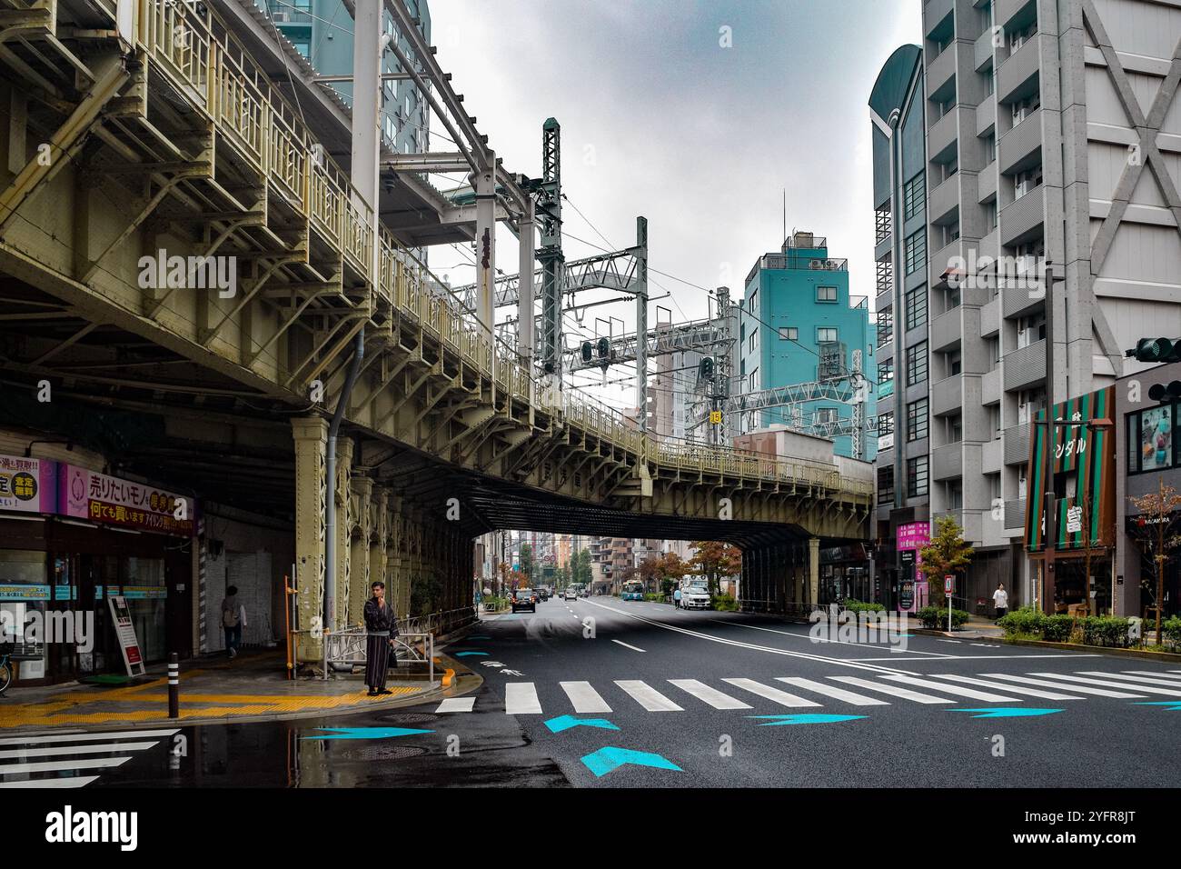 Vista sulla strada urbana sotto i binari sopraelevati con edifici in un vivace paesaggio urbano durante il tempo coperto Foto Stock