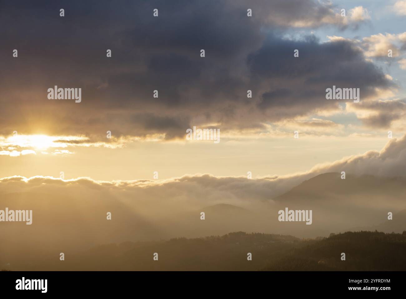 Nebbia in montagna in autunno. Il sole della sera illumina le valli. Francia Europa, Vosgi Foto Stock