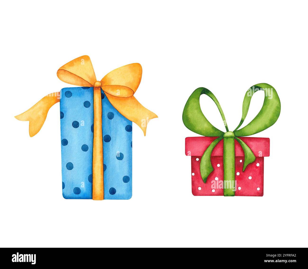 Scatole regalo ad acquerello disegnate a mano, isolate su sfondo bianco. Regali di Natale e di compleanno Foto Stock