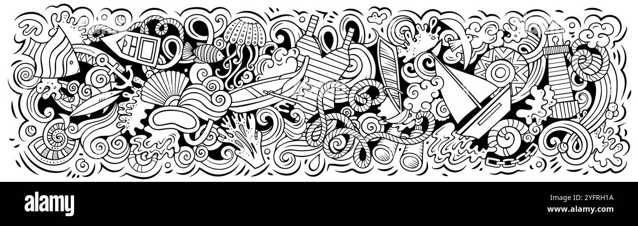 Cartoni animati disegno vettoriale disegnato a mano Doodle disegno del banner orizzontale marino Illustrazione Vettoriale