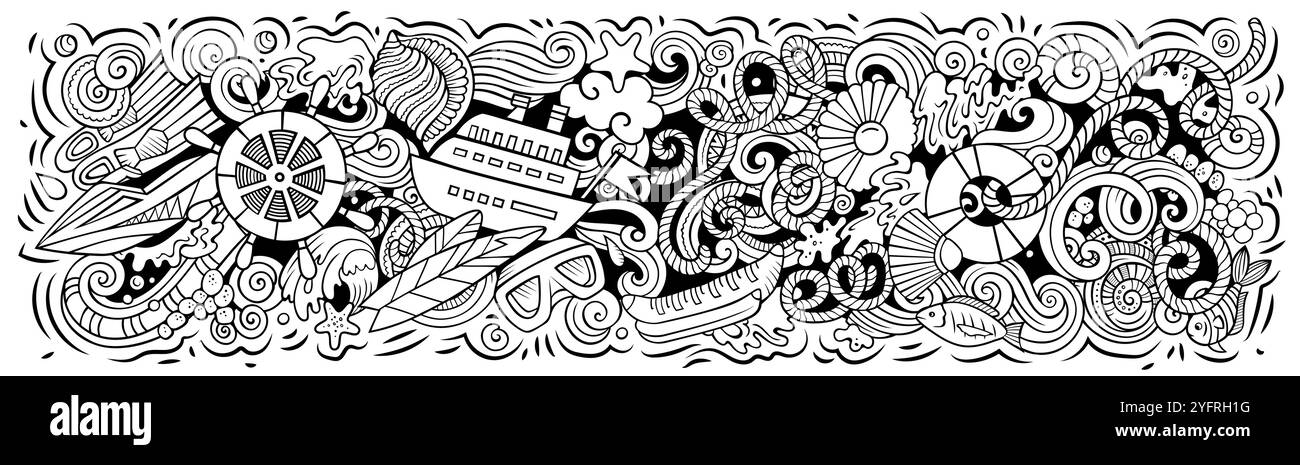 Cartoni animati disegno vettoriale disegnato a mano Doodle disegno del banner orizzontale marino Illustrazione Vettoriale