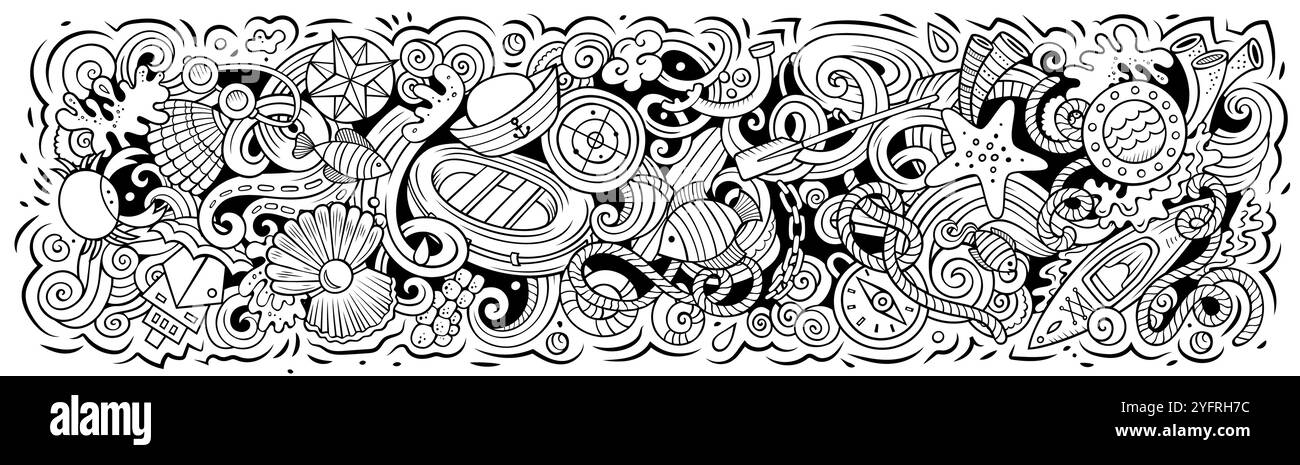 Cartoni animati disegno vettoriale disegnato a mano Doodle disegno del banner orizzontale marino Illustrazione Vettoriale