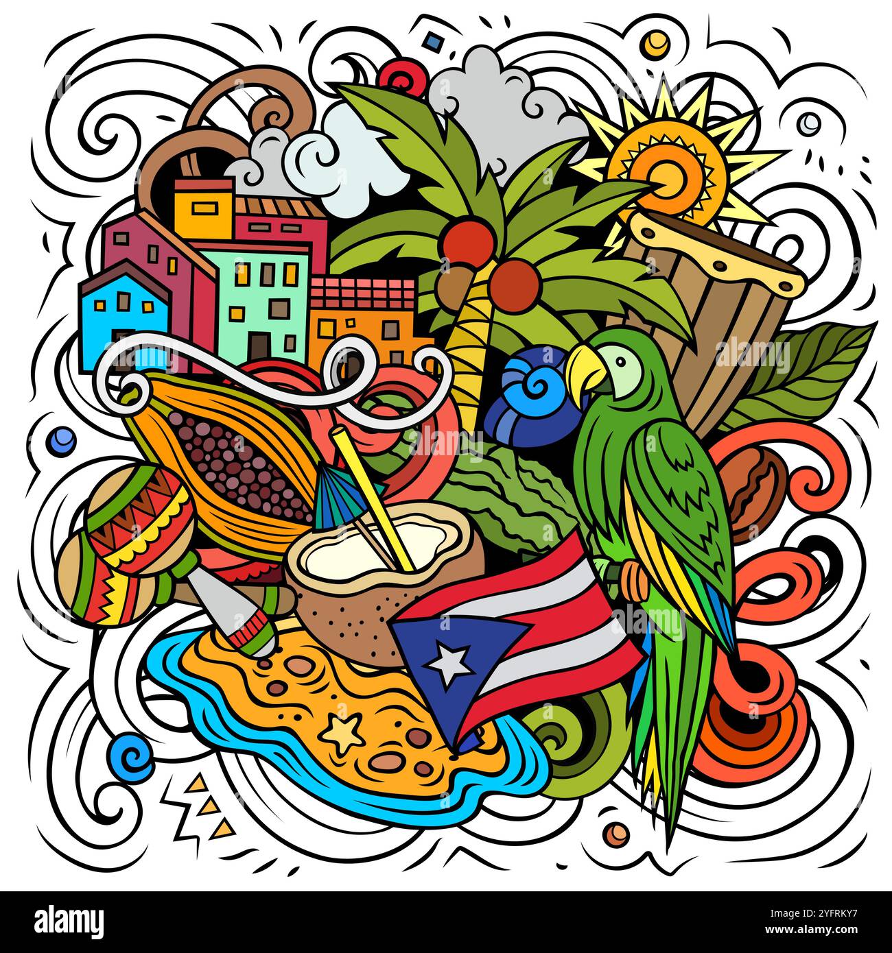 Illustrazione di doodle a cartoni animati di Porto Rico. Divertente design portoricano. Sfondo vettoriale con elementi e oggetti dei paesi caraibici. Composizione colorata Illustrazione Vettoriale