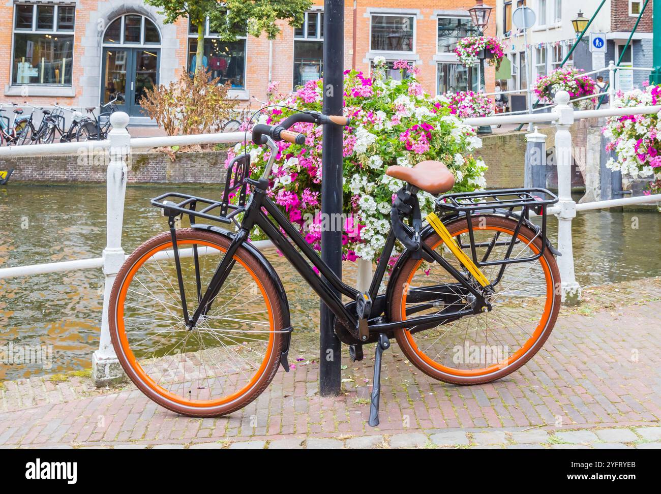 Fiori rosa e bicicletta parcheggiata sul canale di Leida, Paesi Bassi Foto Stock