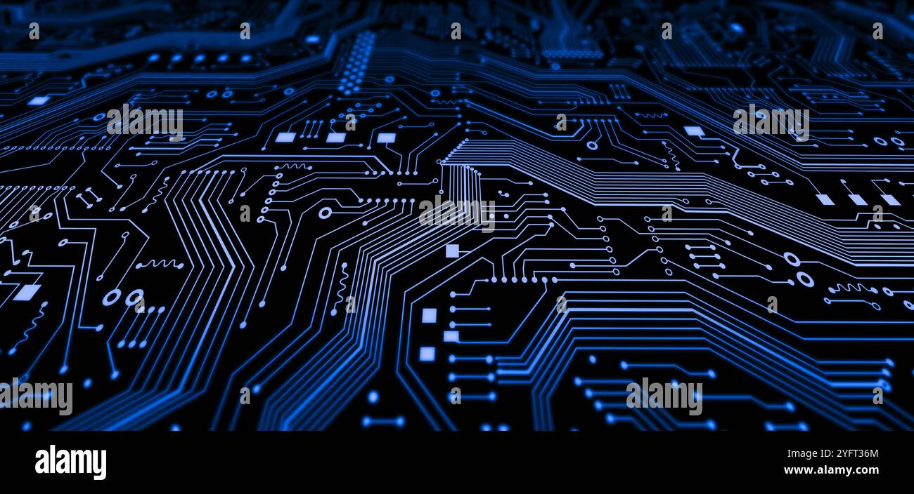 Illustrazione tecnologica con linee di microcircuito blu, primo piano. Panorama Foto Stock