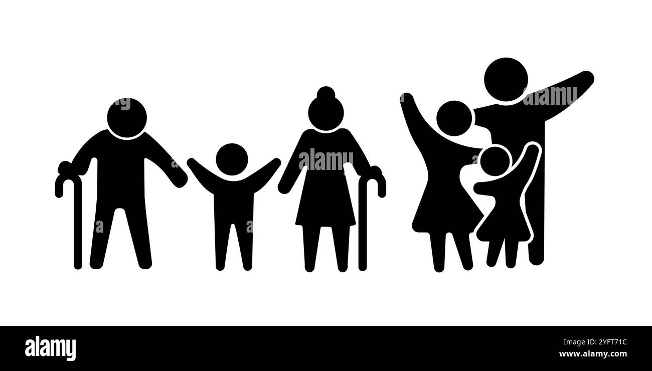 Illustrazione vettoriale delle icone della famiglia felice. Padre, madre, figlia, figlio, nipote di sfondo bianco Illustrazione Vettoriale