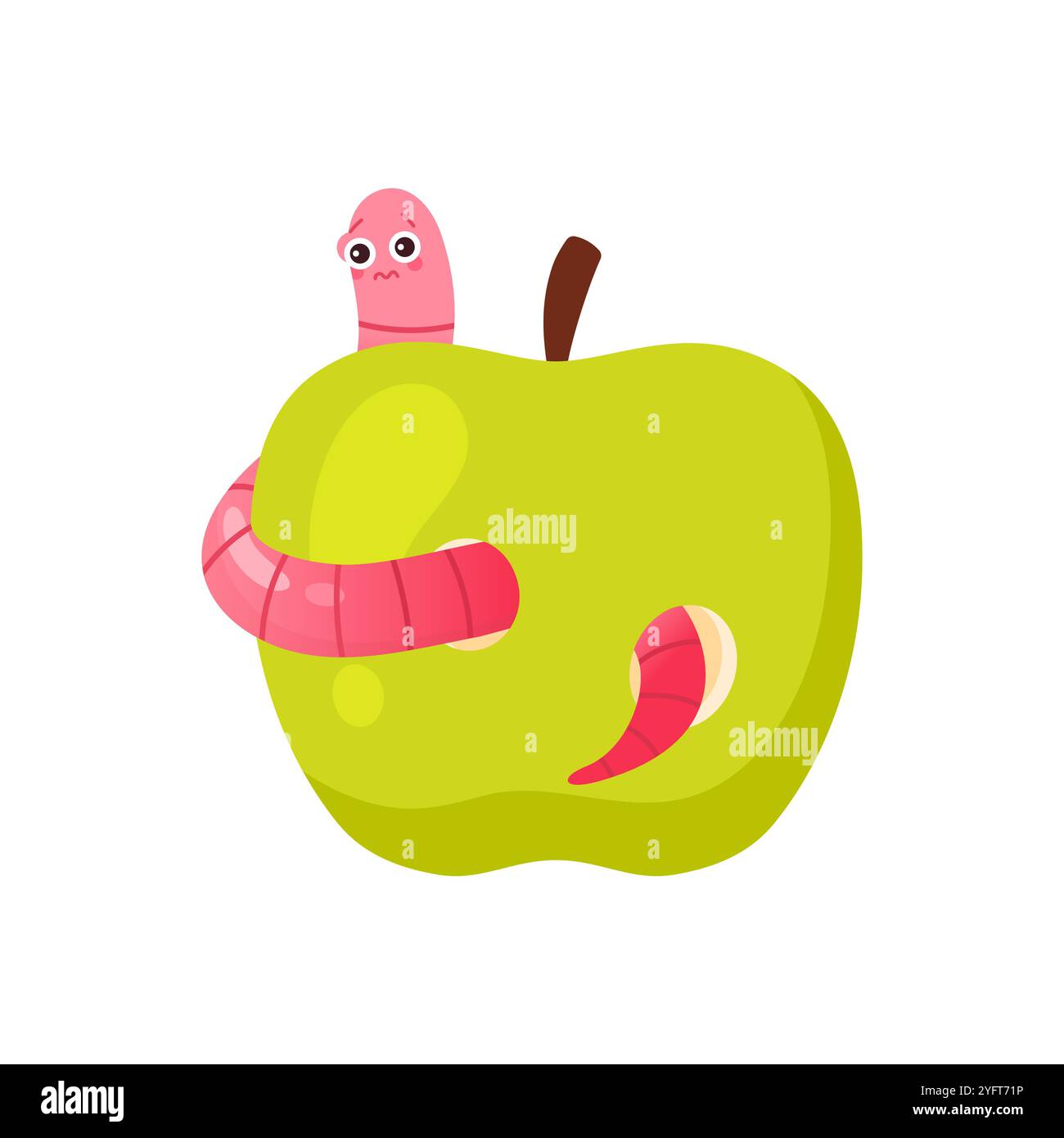 Carino verme rosa che mangia mela verde, triste larva che puzza fori all'interno dell'illustrazione vettoriale Illustrazione Vettoriale